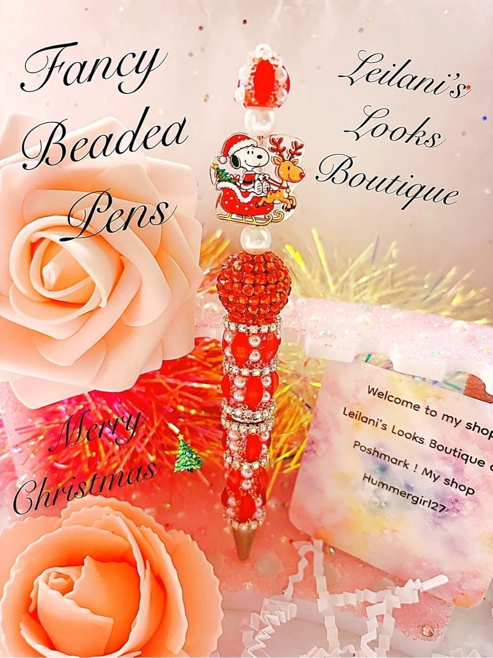 Red & white beaded pen with Santa Claus and reindeer design/Fancy beaded pen/